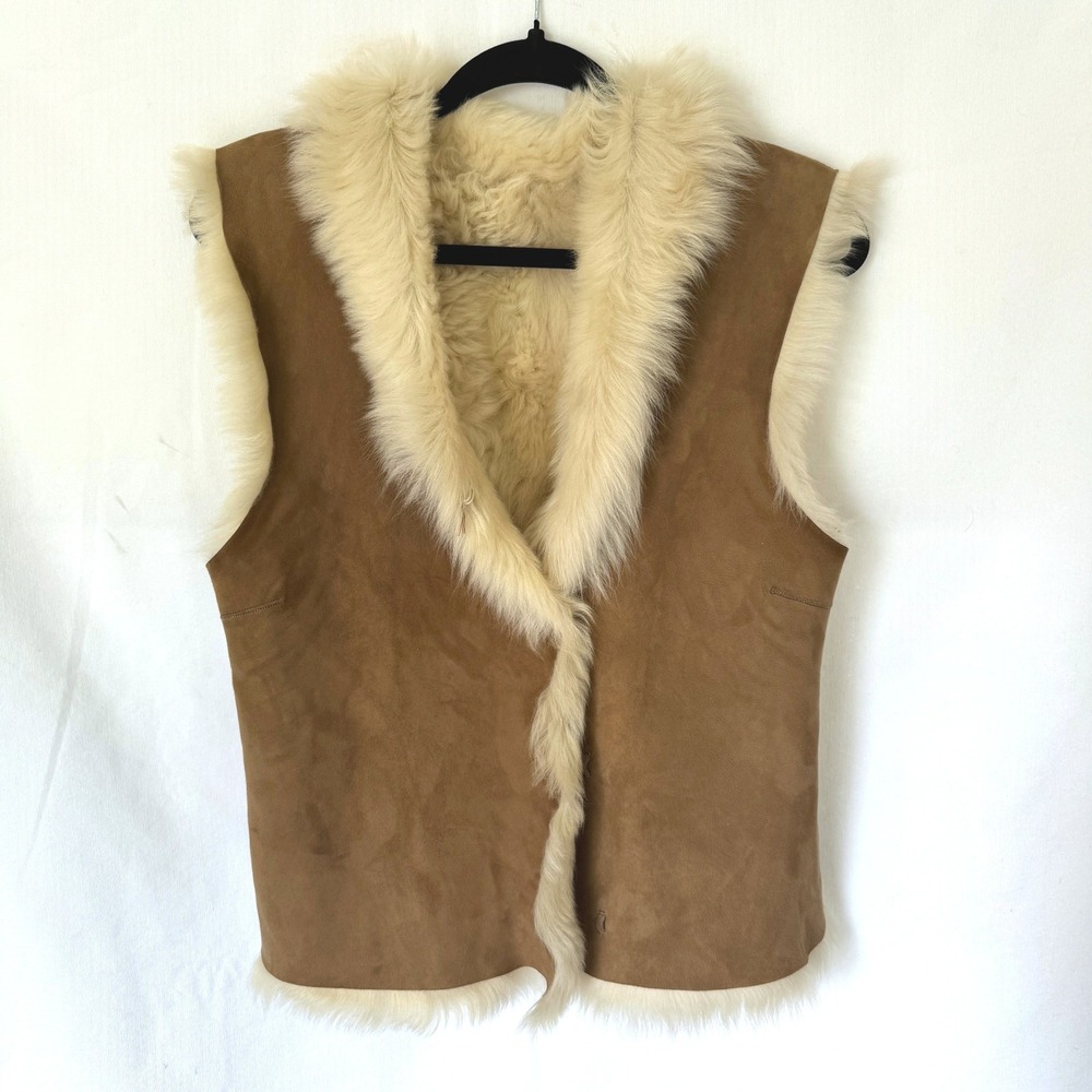 Joseph 100% Lambskin Shearling Vest Tan Suede Cream Fur Boho Penny‎ Lane Luxe